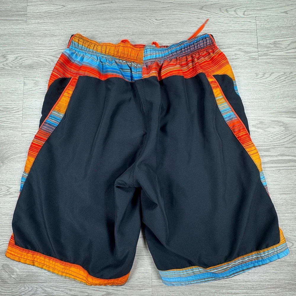 Nike‎ Mens Swim Trunks Board Shorts Black Orange Striped Medium Mesh Lined